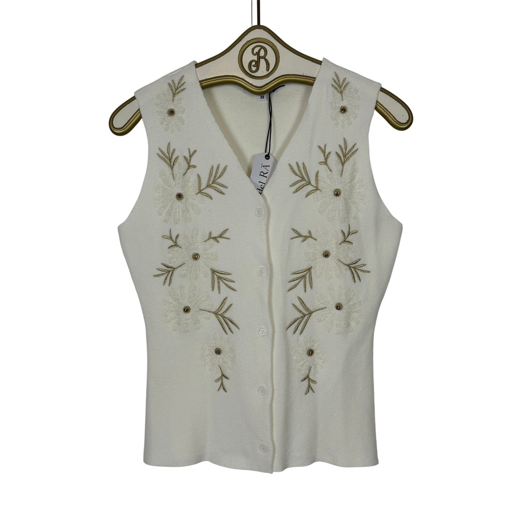 Floral Embroidered Knit Vest Women Medium Cream Gold Button Front Coquette